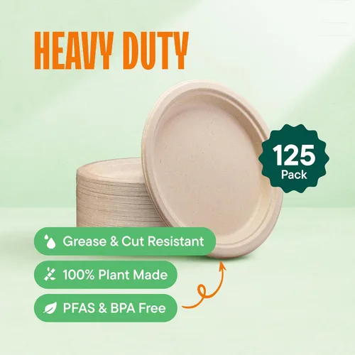 Vista 2 de Stack Man - Platos de papel 100% compostables (125 unidades) de 7 pulgadas, placa de bagazo desechable natural, ecológica, hecha de fibras de caña