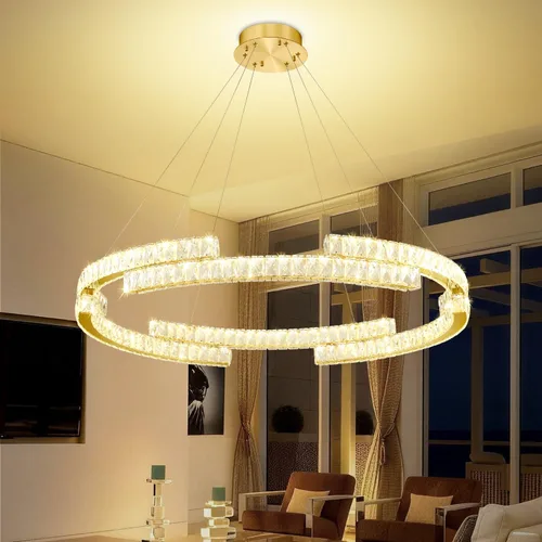 Vista 11 de D40''+D27.5''+D15.7'' Moderna lámpara de araña de oro de 3 anillos de cristal para sala de estar, luz colgante de cristal, entrada de vestíbulo Oro