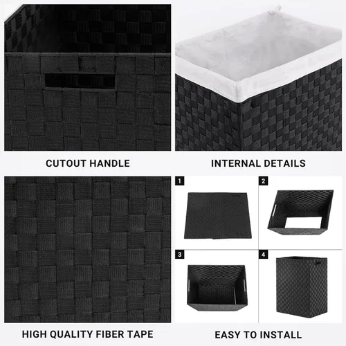Vista 7 de YOUDENOVA Cesta de lavandería tejida a mano con bolsa extraíble y tapa, cesta de ropa plegable con asa, color negro