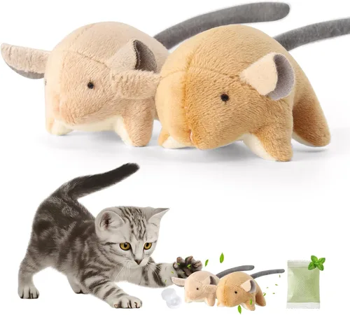 Juguetes de ratones de peluche con hierba gatera con sonido de sonajero, 2 juguetes interactivos para gatos de interior, juguetes duraderos para