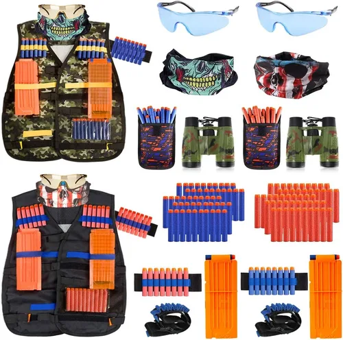 Paquete de 2 chalecos tácticos para niños, juego de pistolas Nerf N-Strike Elite Series Wars con dardos de repuesto, clips de recarga, bolsa de
