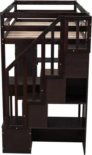 Vista 8 de Cama loft multifuncional de tamaño individual con cajones de almacenamiento y escritorio, marco de cama de madera con escalera de almacenamiento