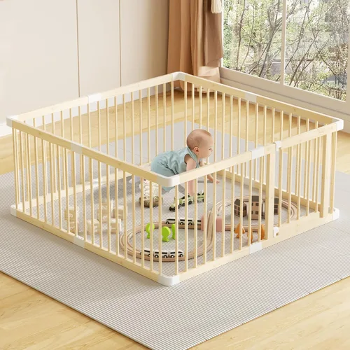 Vista 2 de Corralito grande de madera para bebés, puerta ajustable para niños pequeños y bebés, valla resistente, patio de juegos para bebés con puerta, área