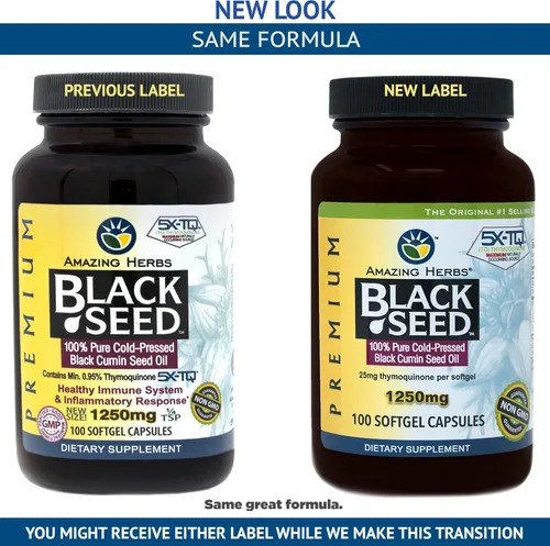Vista 2 de Amazing Herbs Píldoras de aceite de semilla negra de 1250 mg, 100 cápsulas de cápsulas blandas - prensadas en frío Sin OMG