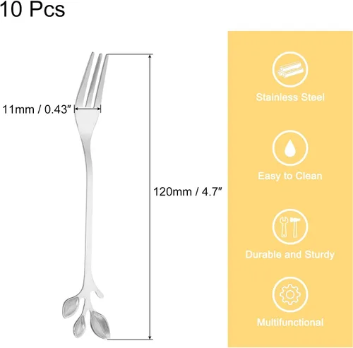 Vista 2 de uxcell 10 tenedores de acero inoxidable para aperitivos de hojas de 4.8 pulgadas, vajilla de postre, picas de cóctel, mini tenedor de frutas