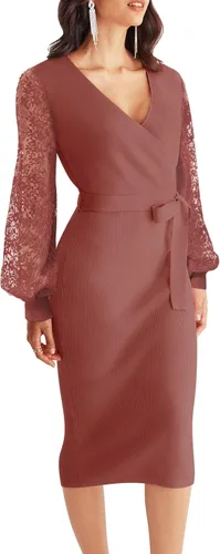 Vista 2 de MEROKEETY Vestido de suéter de manga larga con cuello en V para mujer, sexy, de punto envolvente, ajustado, con cinturón