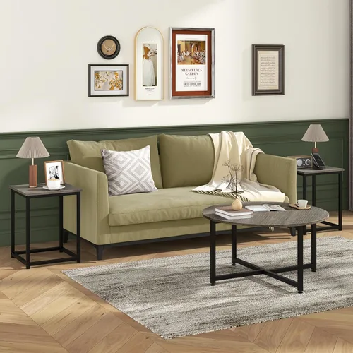 Vista 2 de Giantex Juego de 3 mesas redondas anidables, mesa auxiliar de granja con 2 mesas auxiliares, marco de metal resistente, juego de mesa de madera de 3