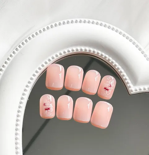 Vista 3 de Uñas postizas cortas cuadradas MABKJLF, uñas francesas falsas con gradiente, uñas de cobertura completa, flores blancas, uñas falsas con diseños