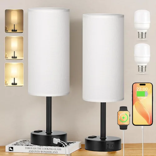 Vista 7 de Juego de 2 lámparas de mesa táctiles para dormitorio en blanco, lámparas de noche regulables de 3 niveles con puertos USB C y A, lámparas de mesita