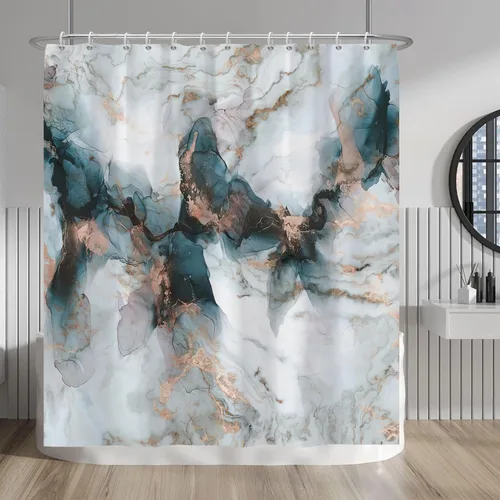 Vista 230 de Baocicco Cortina de ducha de mármol azul abstracto a rayas, decorativa, textura de lujo, línea moderna, decoración de acuarela, juego de cortinas