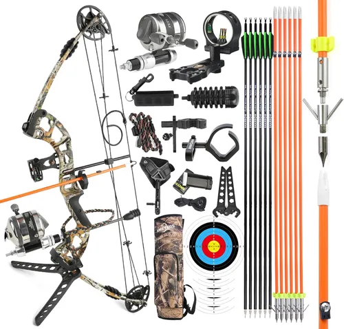 Vista 10 de Kit de arco compuesto de pesca con arco listo para pescar, con carrete de pesca de arco, flechas de pesca con arco mano derecha e izquierda