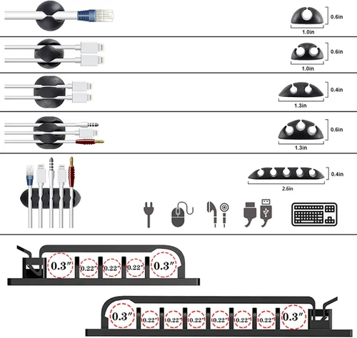 Vista 4 de N NOROCME Kit de organización de cables de 192 piezas, 4 fundas organizadoras de cables, 11 soportes para cables, 35 clips de cable, 10+2 rollos