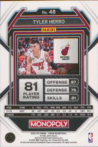 Vista 2 de Panini Prizm Monopoly #48 Tyler Herro Miami Heat NBA - Tarjeta de intercambio de baloncesto 2022-23
