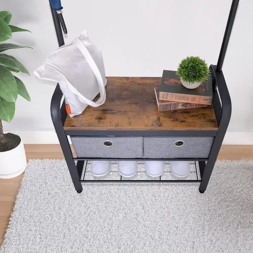 Vista 5 de Sunnyglade Perchero vintage 3 en 1 para entrada de árbol de entrada, marco de metal con aspecto de madera, con 5 ganchos, 4 bolsillos, 2 cajas