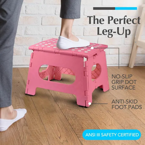 Vista 2 de Handy Laundry Taburete plegable ligero, lo suficientemente resistente como para apoyar a adultos y lo suficientemente seguro para niños, se abre Rosa