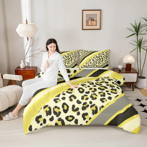 Vista 45 de Juego de edredón para niños con estampado de leopardo, tamaño Queen, juego de ropa de cama de moda de piel de guepardo abstracto, decoración