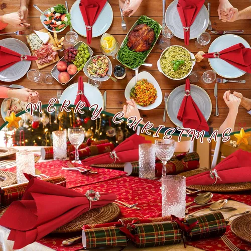 Vista 6 de Sliner Juego de 24 servilletas y anillos de Navidad, 12 servilletas de Navidad lavables de color rojo y 12 servilleteros de Navidad para cenas