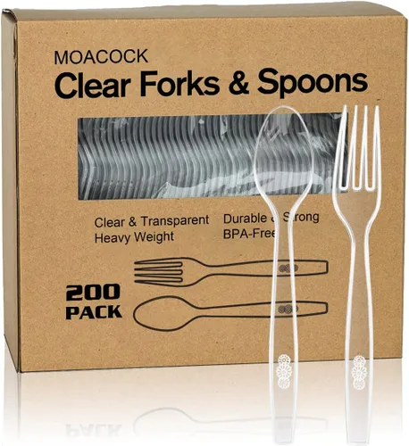 Vista 7 de MOACOCK 200 piezas de cubiertos de plástico negro plateado, tenedores y cucharas de plástico de peso pesado, juego de utensilios desechables