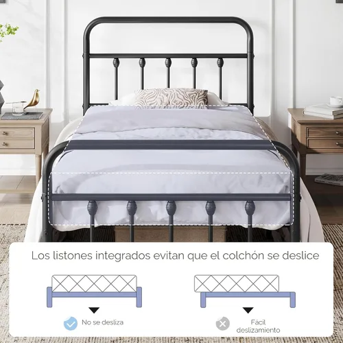 Vista 5 de Yaheetech Marco de cama con plataforma de metal doble, cabecero y estribo Negro