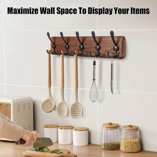 Vista 5 de Gohiuo Perchero Rústico para Montaje en Pared, Ganchos de Pared de Madera con 5 Ganchos Triples, Perchero de Madera Resistente para Colgar