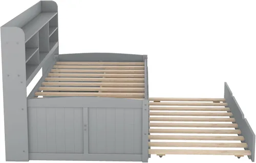 Vista 240 de Quarte Elegante cama de plataforma con estanterías en forma de L, cama de plataforma de madera tamaño individual con 2 cajones de almacenamiento