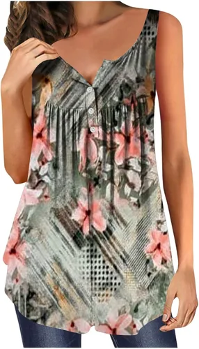 Camisetas Mangas Mujer Botón Swing Hem Chaleco básico Camisa Cuello en V Estampado Floral Camisola Camisetas Tanques