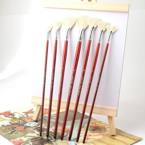 Vista 7 de GACDR Cepillo de abanico para pintar, juego de 7 pinceles de abanico con cerdas de cerdo natural y mango largo de madera, pinceles profesionales
