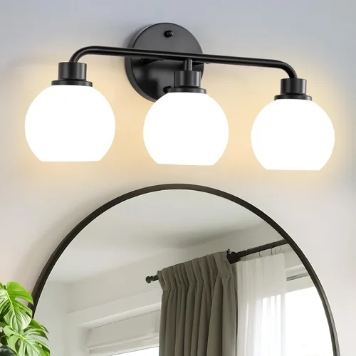 Vista 8 de Lámpara cromada para tocador de baño, lámparas sobre el espejo, 3 lámparas de pared, luces plateadas con globos de leche, pantallas de vidrio