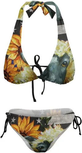 Vista 7 de Bikini Women Girl Push Up Flag Farm Sunflower Tops Bottoms Bathing Suit Sea Removable Padding Bra Halter String