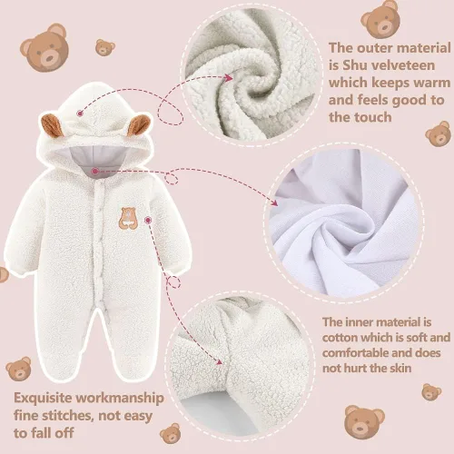 Vista 4 de XIFAMNIY Mono de forro polar para recién nacido con capucha cálido grueso para invierno para bebés y niñas