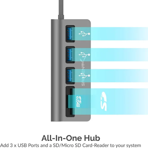 Vista 6 de SABRENT Hub USB-C 3.0, Lector de Tarjetas SD USB 5 en 1, Ranura Dual SD y TF + Hub USB 3.0 de 3 Puertos Portátil Compatible con MacBook, Mac
