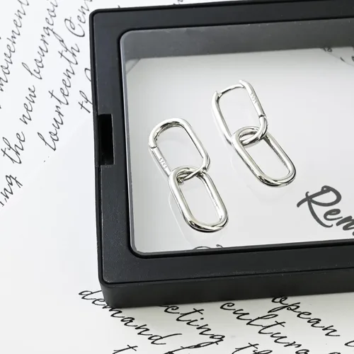 Vista 6 de Aretes de aro de plata de ley 925 con doble ovalado para mujer, pequeños aretes de aro de plata para orejas sensibles, aretes de aro cuadrados