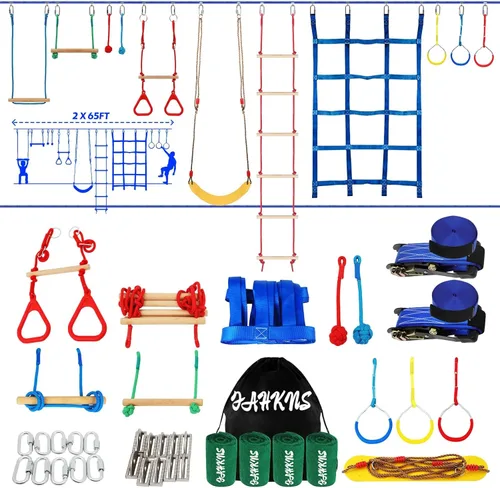 Vista 7 de Carrera de obstáculos Ninja Warrior para niños, línea floja duradera de 65 pies con 13 obstáculos, barras de mono, entrenadores de brazos y más