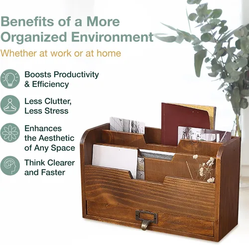 Vista 5 de Organizador de escritorio de madera rústica, clasificador de archivos vertical con 3 compartimentos y 1 cajón de bandeja de papel, madera de caoba