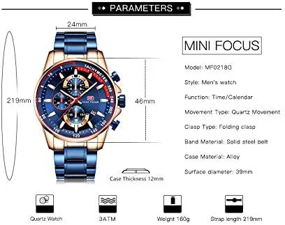 Vista 5 de MF MINI FOCUS Reloj cronógrafo de cuarzo para hombre, pulsera de eslabones de acero inoxidable, resistente al agua, luminoso