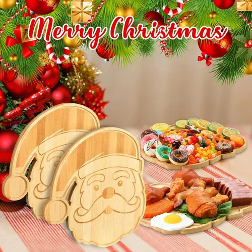 Vista 6 de Sliner 4 platos de Navidad con forma de Papá Noel, bandeja de madera para aperitivos de madera, bandeja de dulces en forma de Papá Noel, bandeja