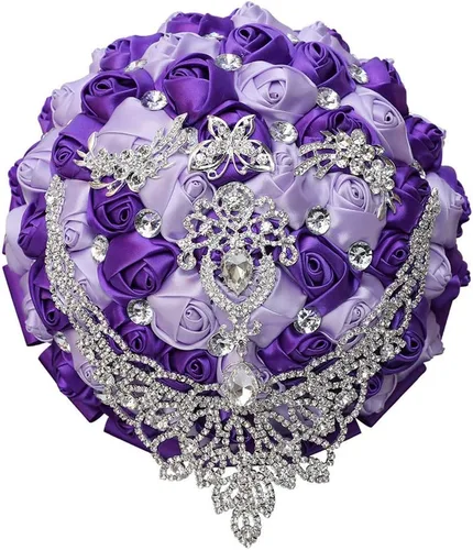 Vista 30 de Ramo de novia de boda de lujo hecho a mano, rosa de seda grande para sostener y lanzar, ramo de flores artificiales con cinta de satén, perlas