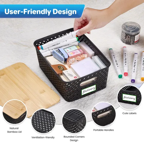 Vista 3 de Anysig 8 Paquetes Contenedores de Almacenamiento de Plástico con Tapas de Bambú - Contenedores de Almacenamiento Apilables Decorativos Cestas