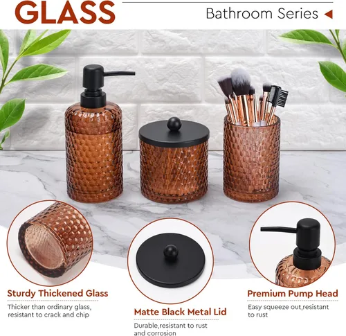 Vista 3 de Conjunto de accesorios de baño, 4 piezas de accesorios de baño de vidrio ámbar - Dispensador de jabón de loción, soporte para cepillo de dientes