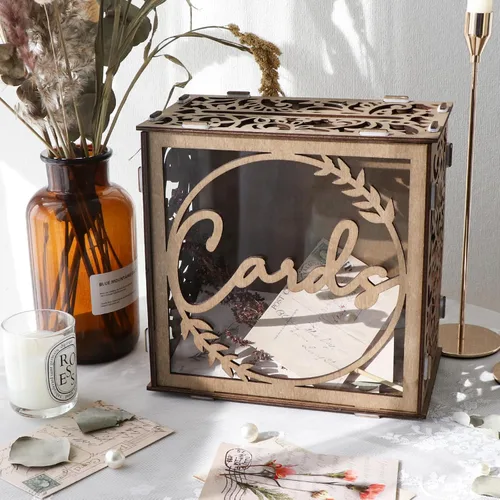 Vista 7 de OurWarm Caja de Tarjetas de Boda para Recepción, Cajas de Tarjetas de Boda de Madera con Ventana, Caja de Tarjetas de Regalo de Dinero con Sobre