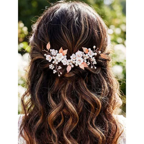 Vista 10 de Gorais - Enredadera de flores para novia con cristales, accesorios de boda con perlas para el cabello de mujeres y niñas