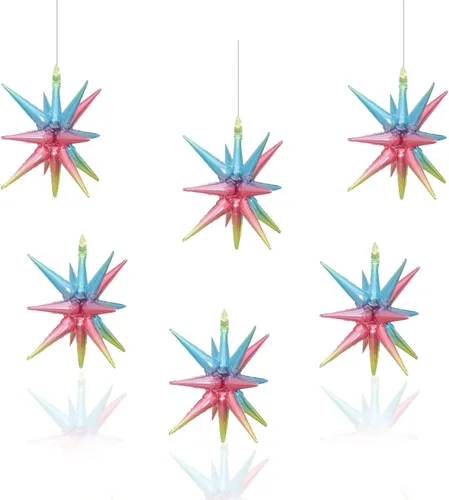 Vista 13 de 6 globos de papel de aluminio de estrella azul de una pieza de 14 puntas con cono de estrella 4D, globo de Mylar de 22 pulgadas, Navidad