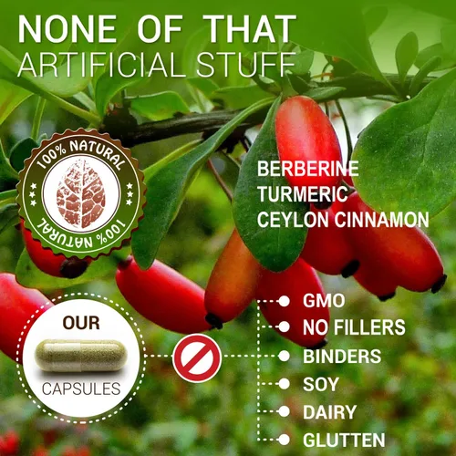 Vista 3 de SIRUNES Cápsulas de berberina con canela de Ceilán y cúrcuma, 100 unidades, suplemento dietético de berberina HCL para hombres y mujeres, fórmula