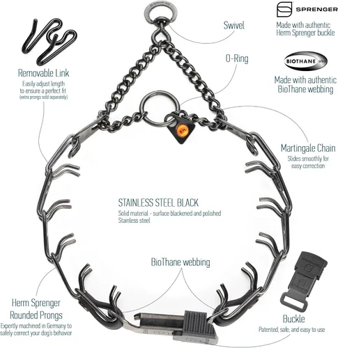 Vista 3 de Collar para Perro Herm Sprenger de Acero Inoxidable Negro con Hebilla de Liberación Rápida ClicLock y Inserción de Biothane Collar de Entrenamiento