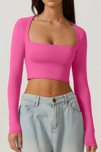 Vista 3 de QINSEN Camiseta corta sexy de manga larga con cuello cuadrado para mujer