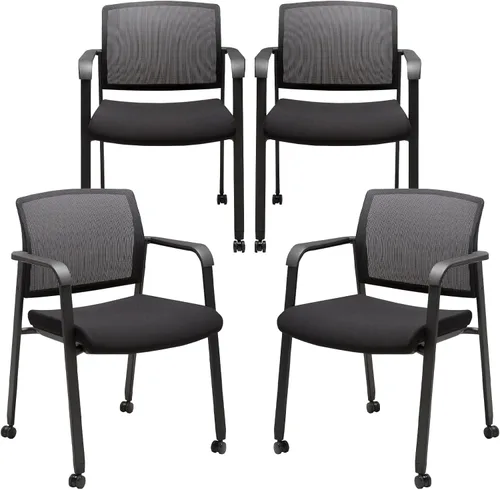 Vista 21 de CLATINA Silla de oficina apilable con ruedas, respaldo de malla, sillas de invitados con brazos, cómodo cojín de cuero, silla de escritorio apilable