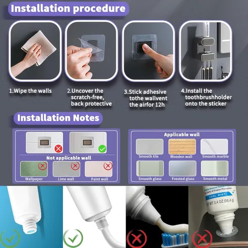 Vista 8 de Dispensador automático de pasta de dientes, dispensador eléctrico de pasta de dientes montado en la pared con 3 ranuras para pasta de dientes