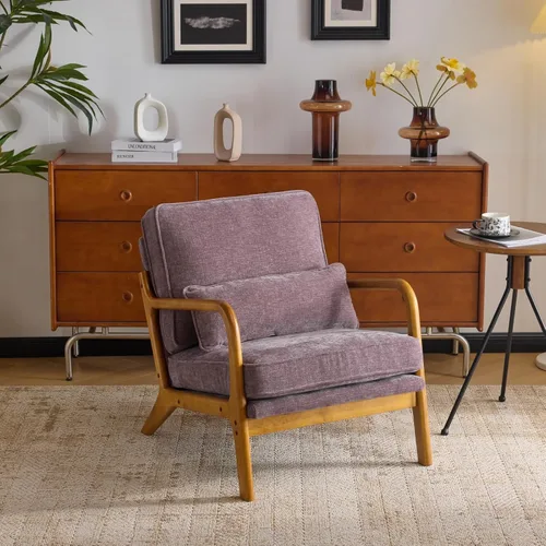 Vista 20 de VINGLI Silla de Acento Moderna de Chenilla de Mediados de Siglo, Linda Silla de Lectura con Brazos con Cojín y Almohada Lumbar y Marco de Madera