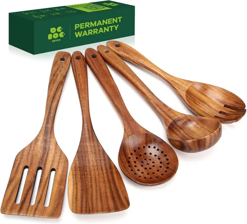 Vista 8 de Bkiok Juego de utensilios de madera de teca, juego de utensilios de madera para cocina, juego de utensilios de cocina hechos a mano con soporte