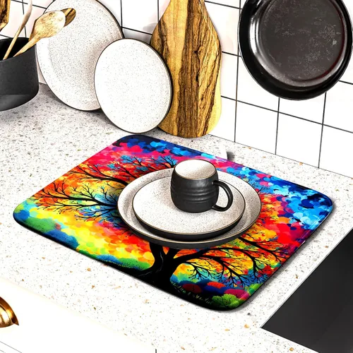 Vista 5 de Tapete de secado de microfibra para encimera de cocina, almohadilla de secado de platos de árbol de acuarela, 16 x 18 pulgadas